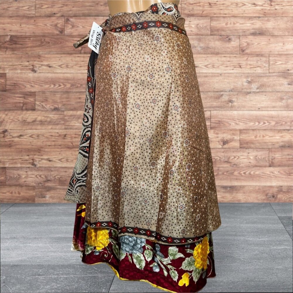 Boho Wrap Skirt Double Layer Sari One Size Multi Wear 36 Travel Festival Hippie - Picture 4 of 6